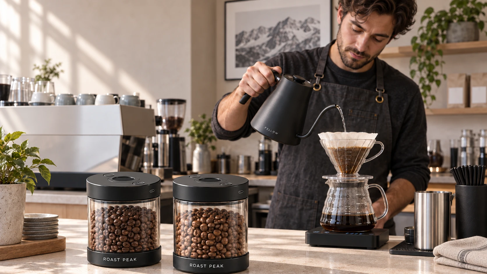 Barista preparing pour-over coffee beside Roast Peak jars on a café counter