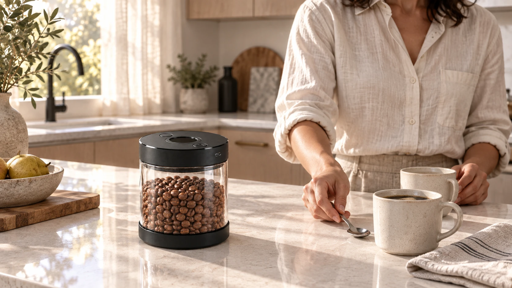 Roast Peak jar with a morning coffee in a bright home kitchen